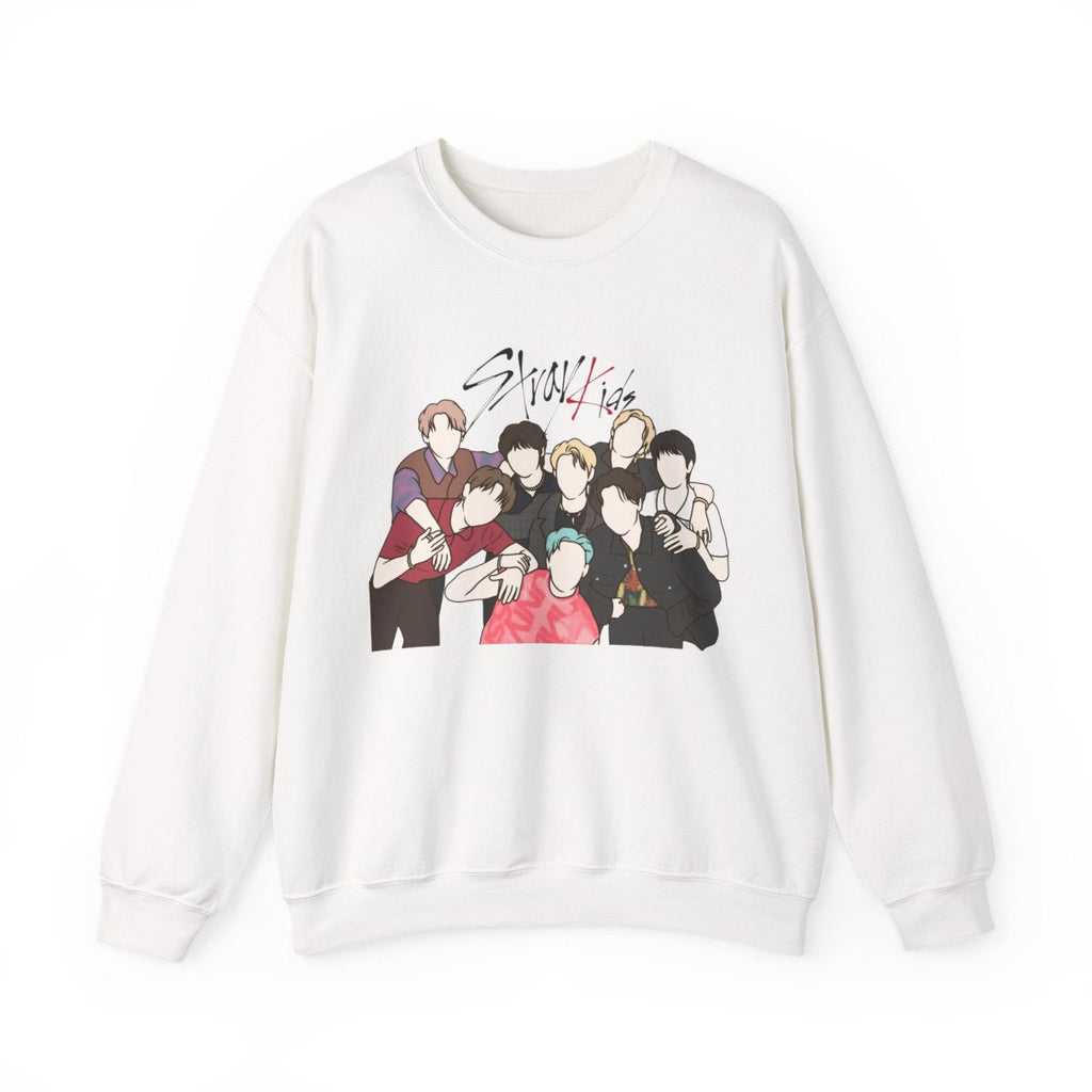 Stray Kids fanart sweatshirt – white crewneck with colorful illustrated group hug design and SKZ logo for Kpop fans