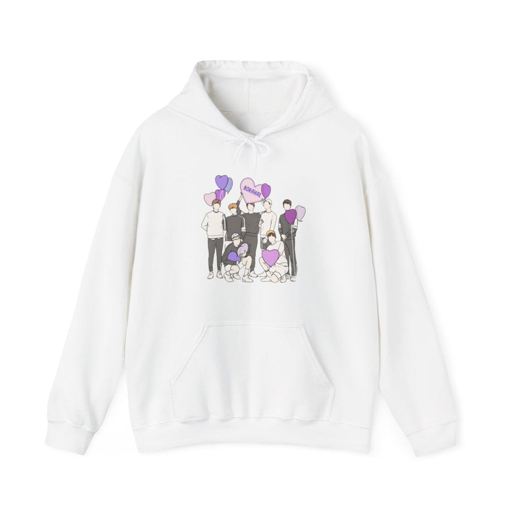 BTS fanart hoodie with Borahae balloons – white pullover featuring illustrated members and purple heart design for ARMYs