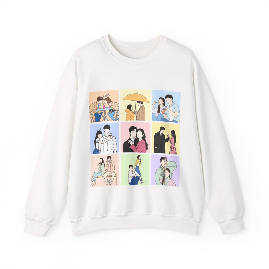 Kdrama collage fanart sweatshirt – white crewneck featuring colorful illustrated scenes from popular Korean dramas