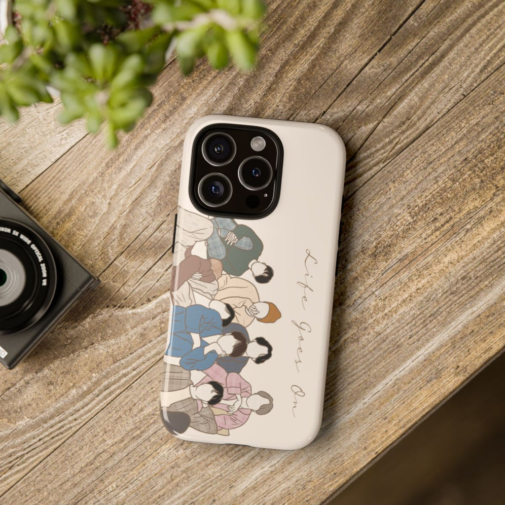 BTS Life Goes On fanart phone case on wooden table – soft matte case featuring illustrated members and sentimental Kpop design