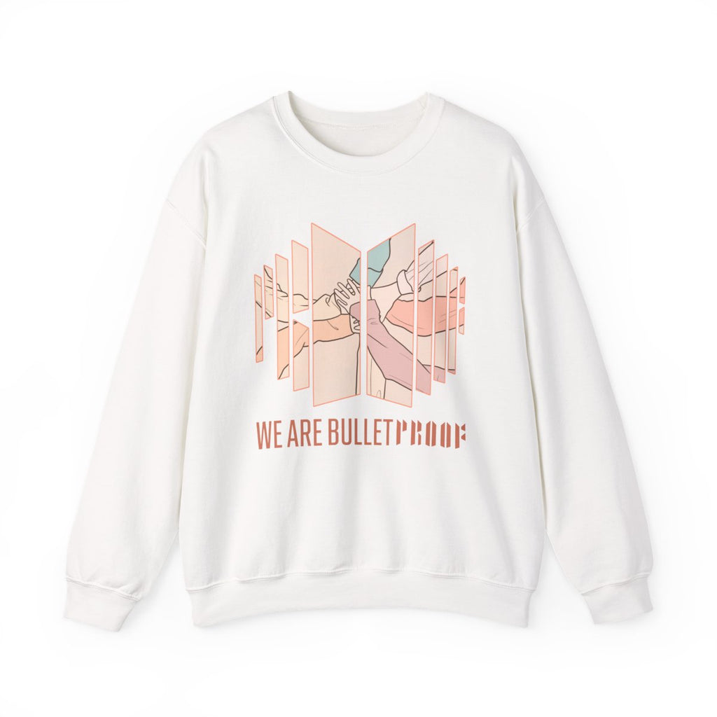 BTS We Are Bulletproof sweatshirt – white crewneck with pastel fanart design and bold typography for ARMYs