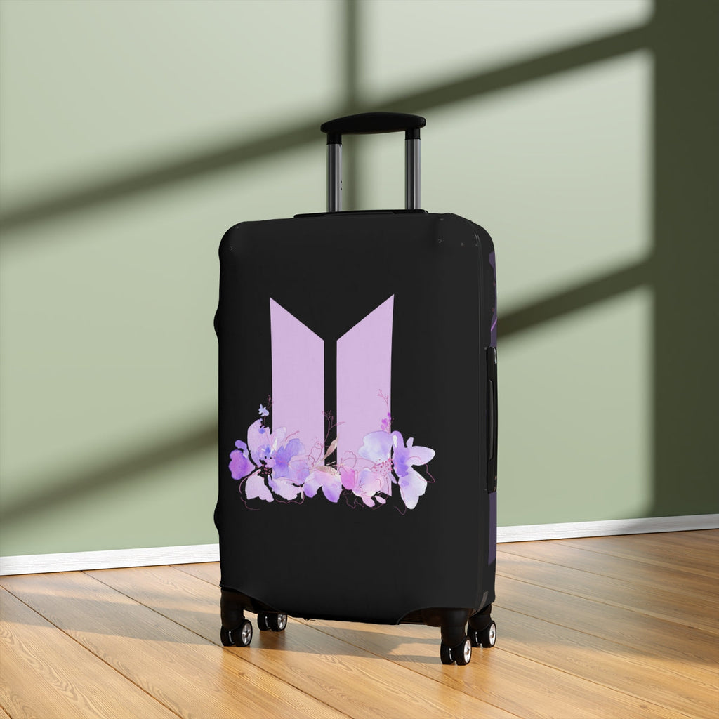 BTS-inspired black luggage cover with purple logo and floral design – stylish Kpop travel gear for ARMYs