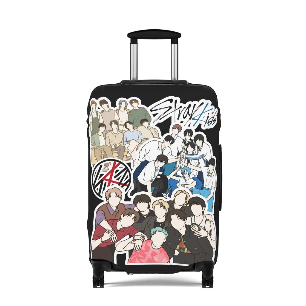 Stray Kids collage fanart luggage cover – black travel case with illustrated Kpop group scenes and bold SKZ logo for STAYs