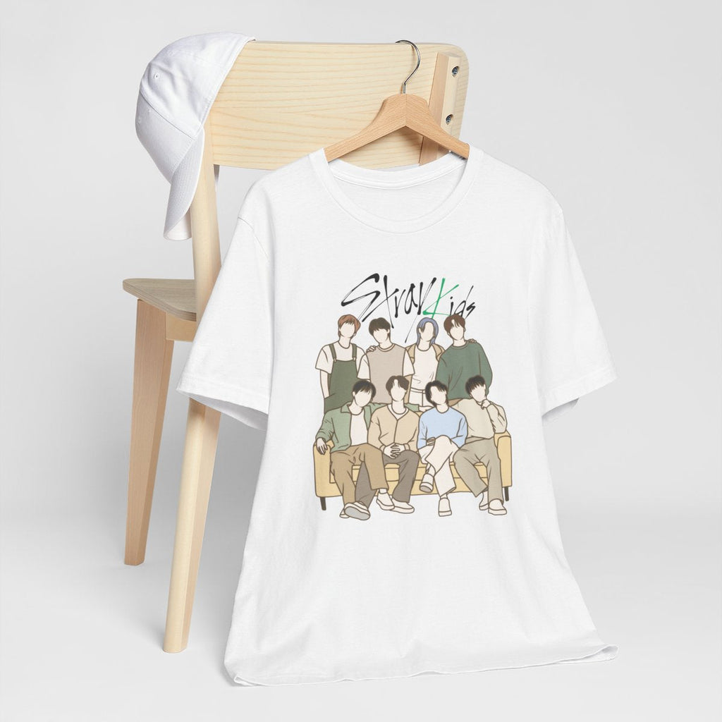Stray Kids fanart t-shirt hanging on chair – white unisex tee with illustrated Kpop group design for STAYs