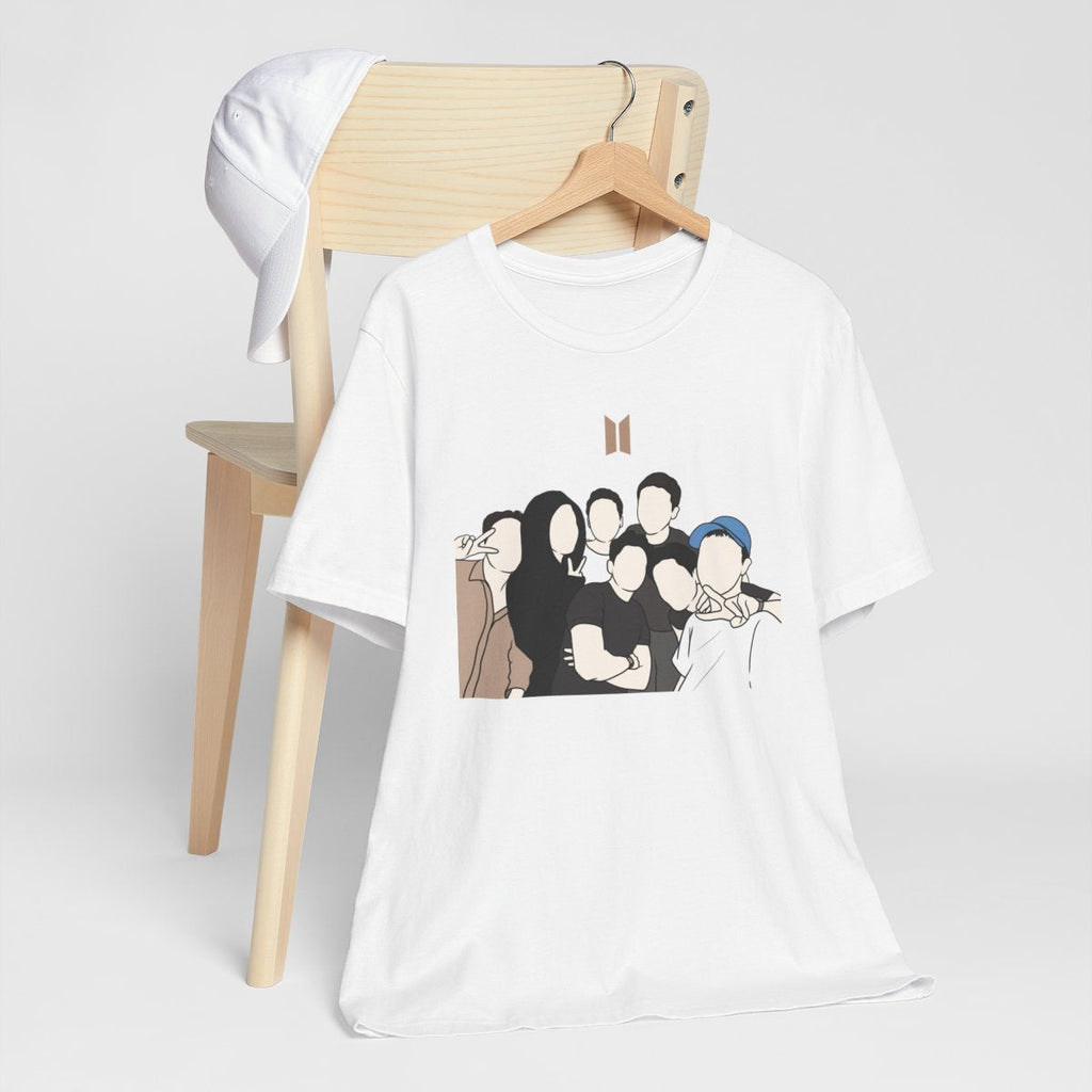 BTS fanart t-shirt hanging on chair – white unisex tee with illustrated group design and Bangtan logo for ARMYs