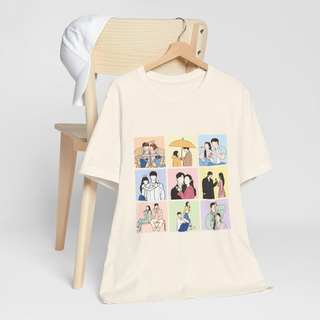 Kdrama collage fanart t-shirt hanging on chair – beige unisex tee featuring colorful illustrated romantic Korean drama scenes