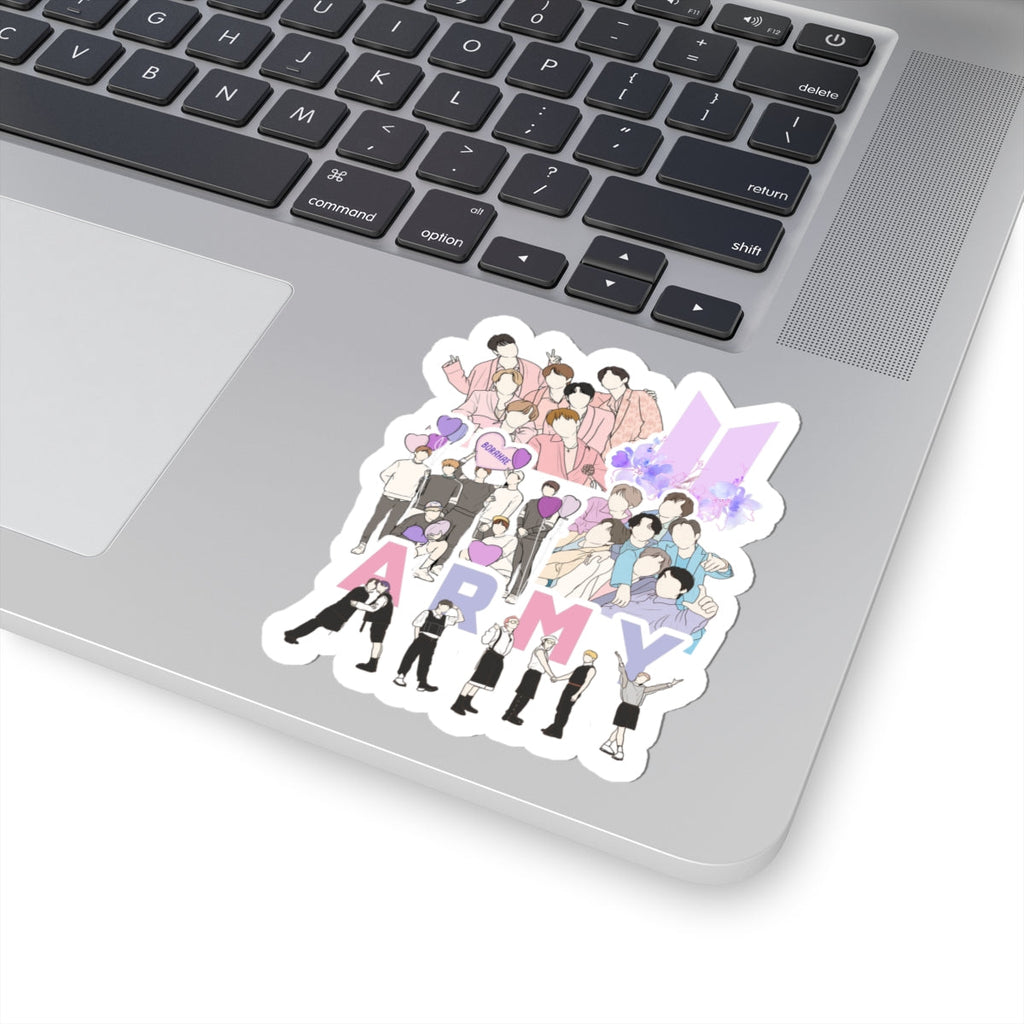 BTS collage fanart sticker on laptop – colorful kiss-cut design with all members and bold ARMY lettering for Kpop fans