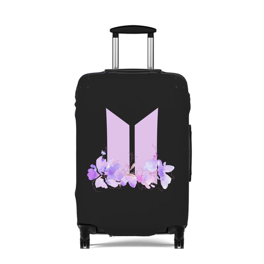 Black Kpop luggage cover with a purple logo and floral design for stylish travel