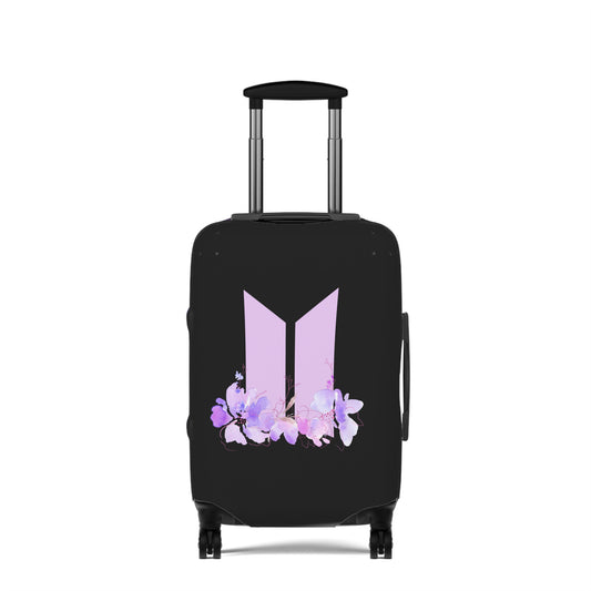 Kpop luggage cover with purple floral design and logo for stylish travel protection