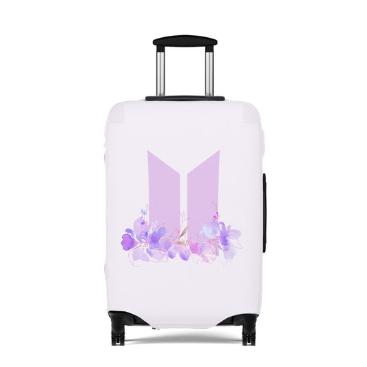 Kpop luggage cover featuring a floral design with the iconic K-pop logo for stylish travel