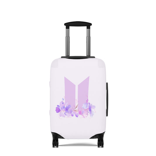 Kpop luggage cover featuring purple floral design and stylish logo for fans of Kpop culture