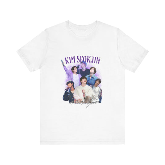 White Kpop T-Shirt featuring Seokjin with vibrant graphics perfect for fans